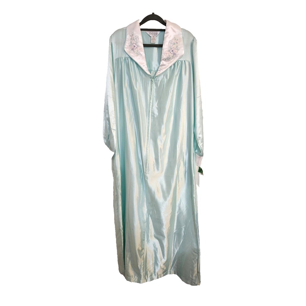 Sabrina Women's Blue Satin Robe Nightgown Sz M Embroidered Soft Lining NWT